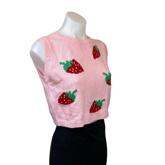 Shein Women Pink Strawberry Print Knit Crew Neck Crop Sleeveless Vest Sweater  S - Picture 3 of 7
